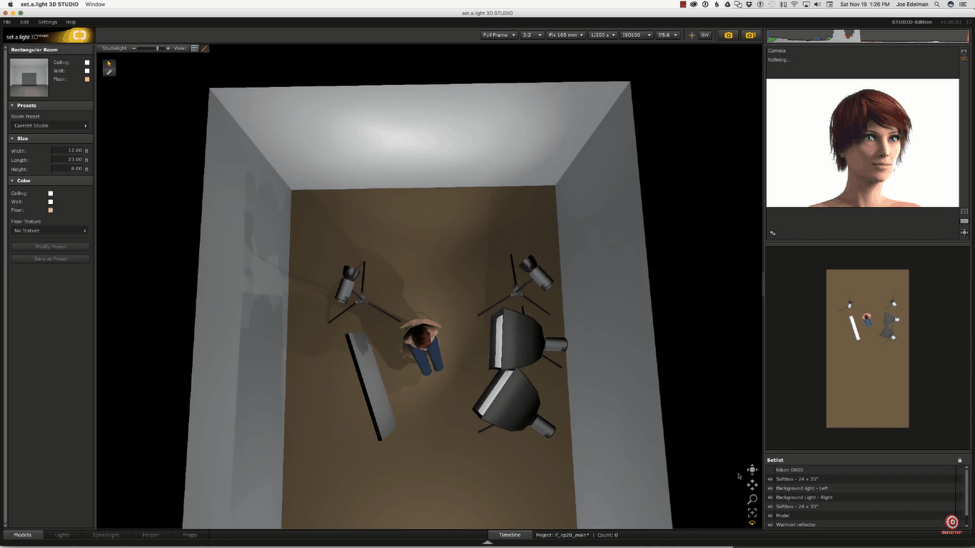 Digital rendering of lighting arranegement with reflector, two lights and softboxes