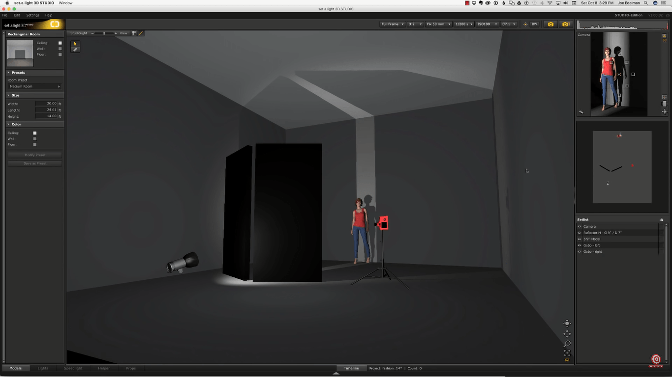 Digital rendering of setup with light shining between two DIY Gobos and camera to right of model