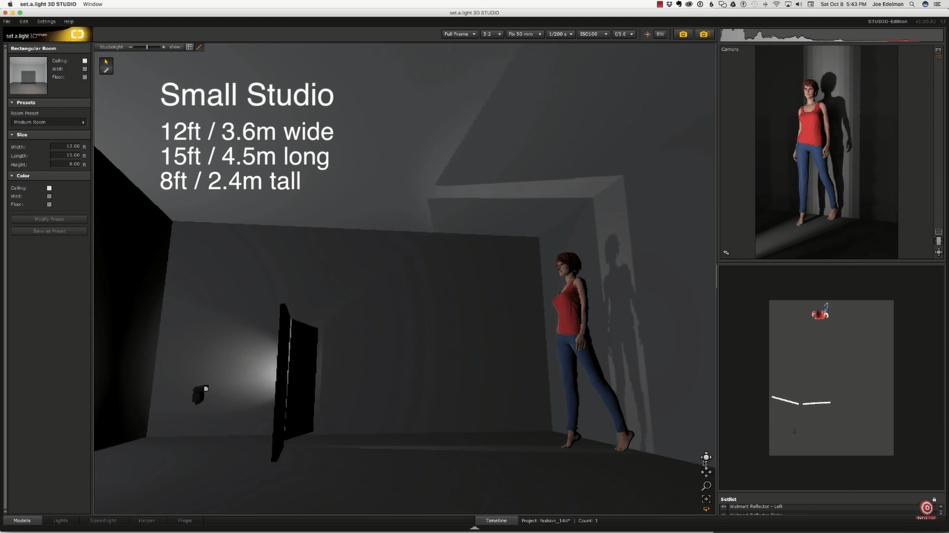 Digital rendering of smaller studio setup with two Walmart reflectors as DIY gobos