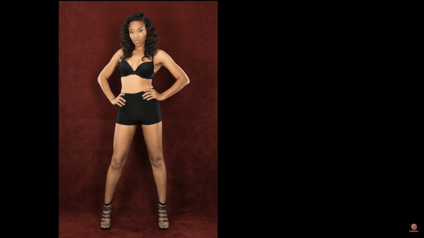 model in front of velour full length shot