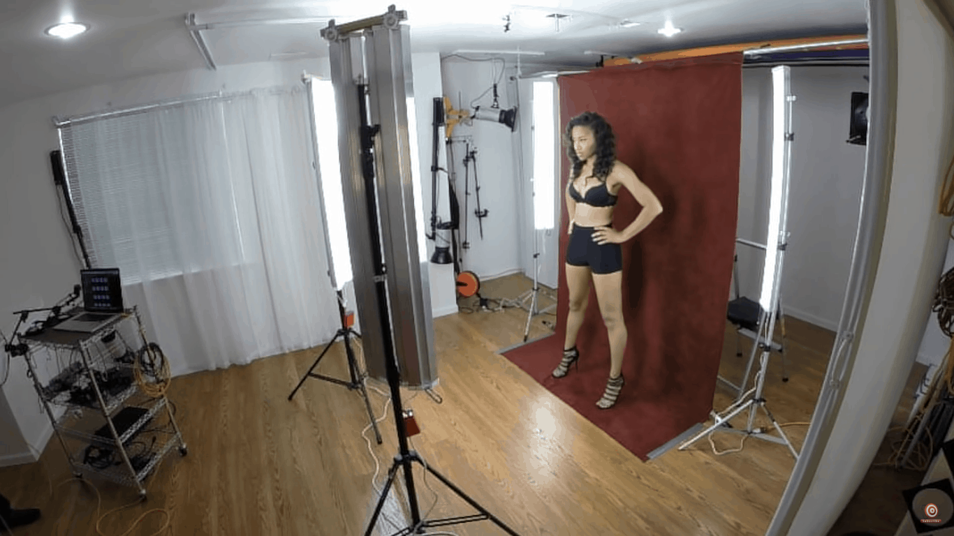Model positioned close to velour backdrop