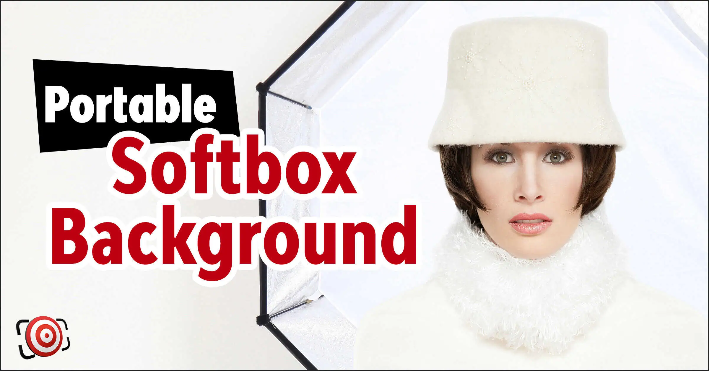 Woman in a white outfit stands before a portable softbox with text reading "Portable Softbox Background," creating the look of a crisp white background for any photo shoot.