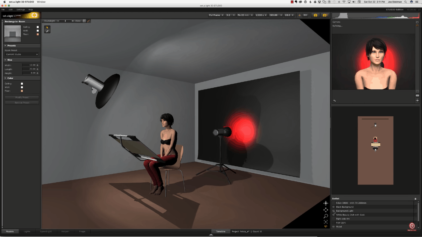 Digital rendering of setup with just beauty dish, reflector and red strobe behind model aimed at background