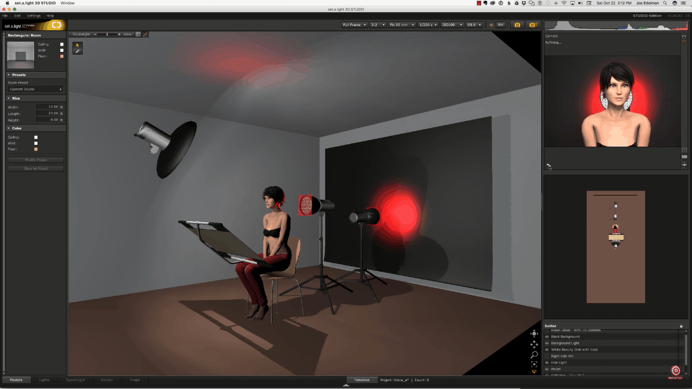 Digital rendering of setup with just beauty dish, reflector and red strobe behind model aimed at background and stobe behind model aimed at camera