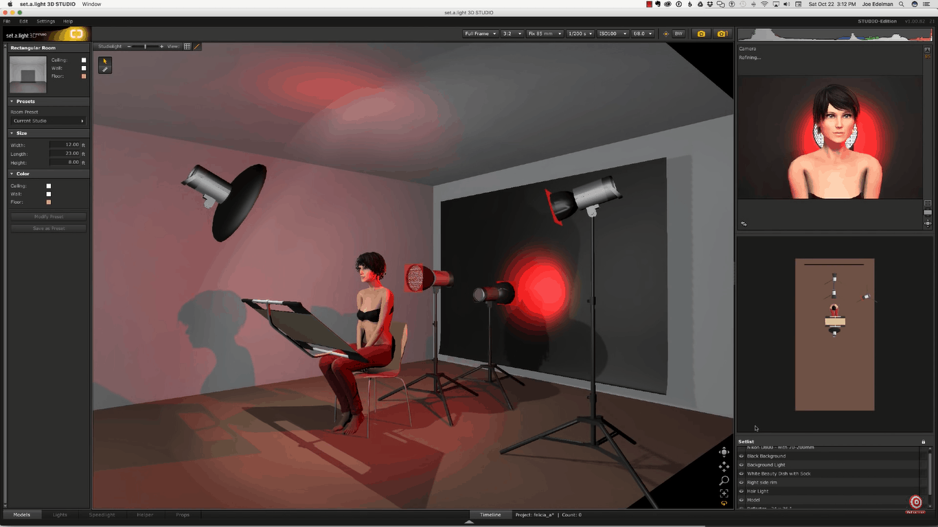 Digital rendering of setup with just beauty dish, reflector and red strobe behind model aimed at background and stobe behind model aimed at camera and rimlight on camera right