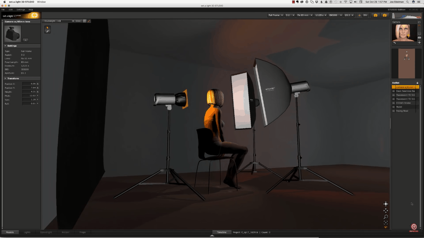 Digital rendering of lighting setup in this beauty portrait tutorial- softboxes equidistant from model, set lower than normal