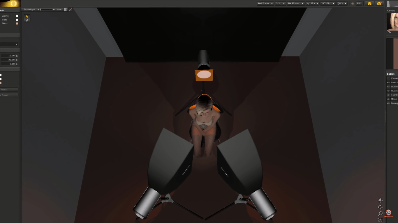 digital rendering of lighting setup in beauty portrait tutorial, bird's eye view with strobe behind model and two strip softboxes in front