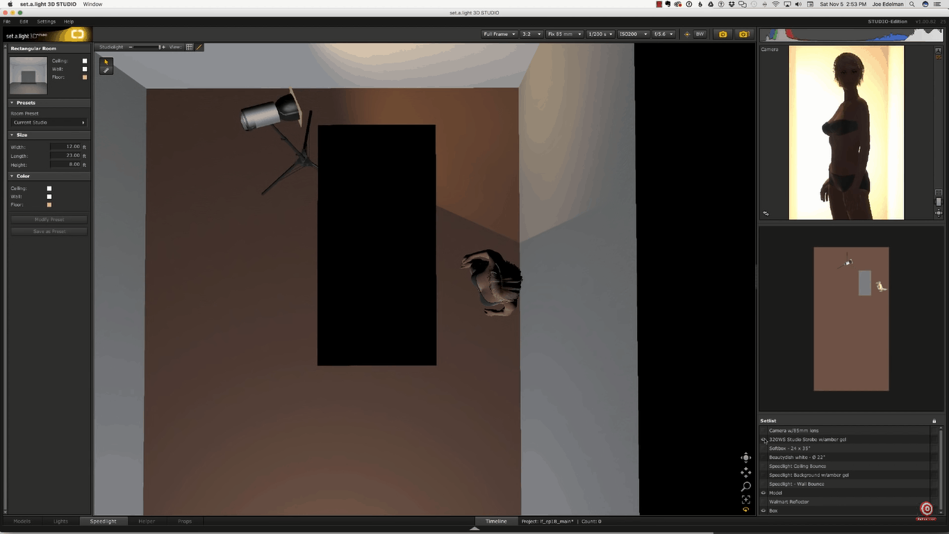 Digital rendering of galmour lighting setup amber strobe aimed into corner