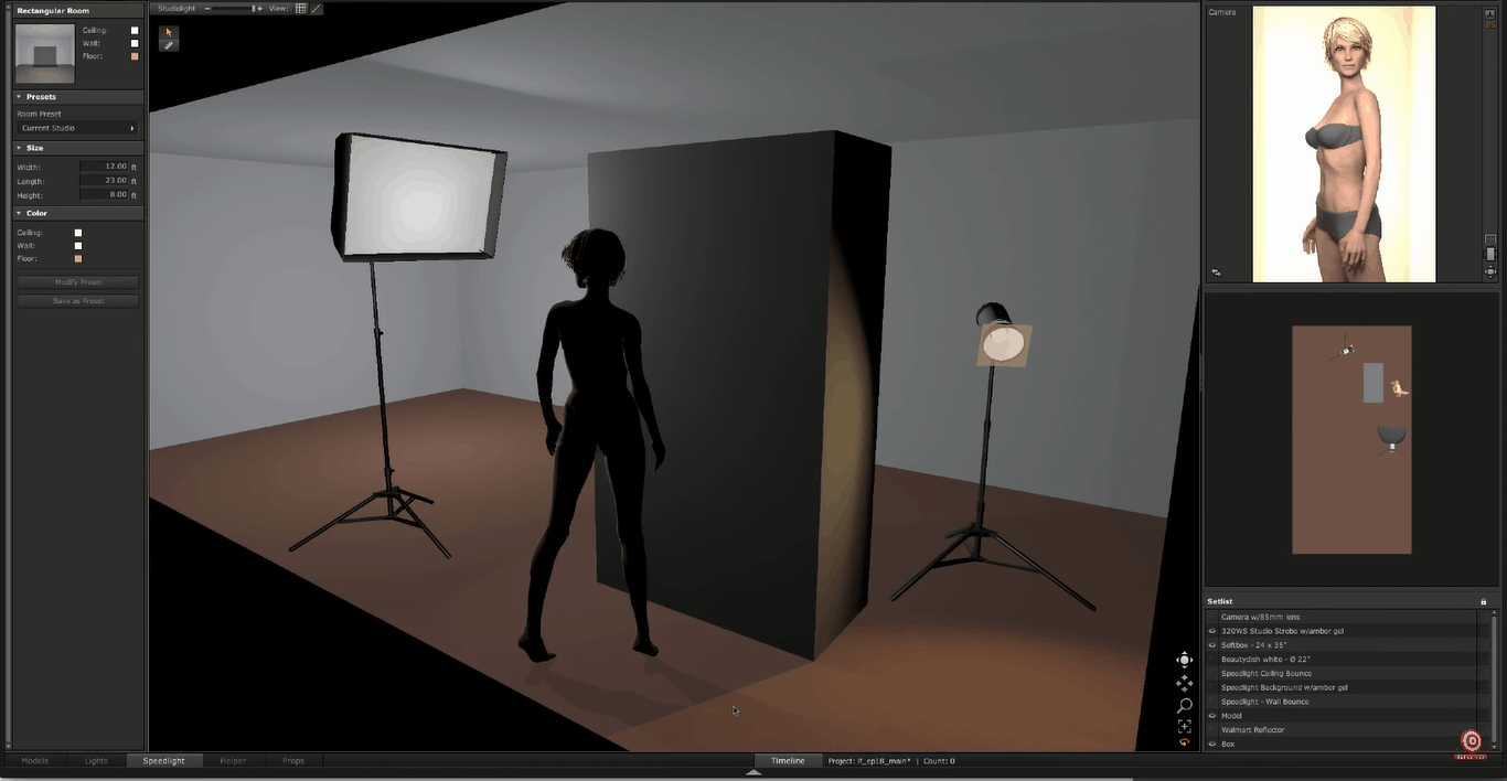 Digital rendering of glamour lighting setup softbox aimed at model