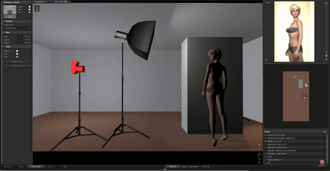 Digital rendering of camera at model's shoulder height