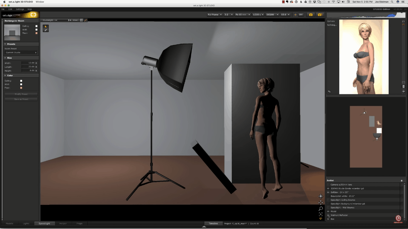 digital rendering of glamour lighting setup now with walmart reflector at model's feet aimedup