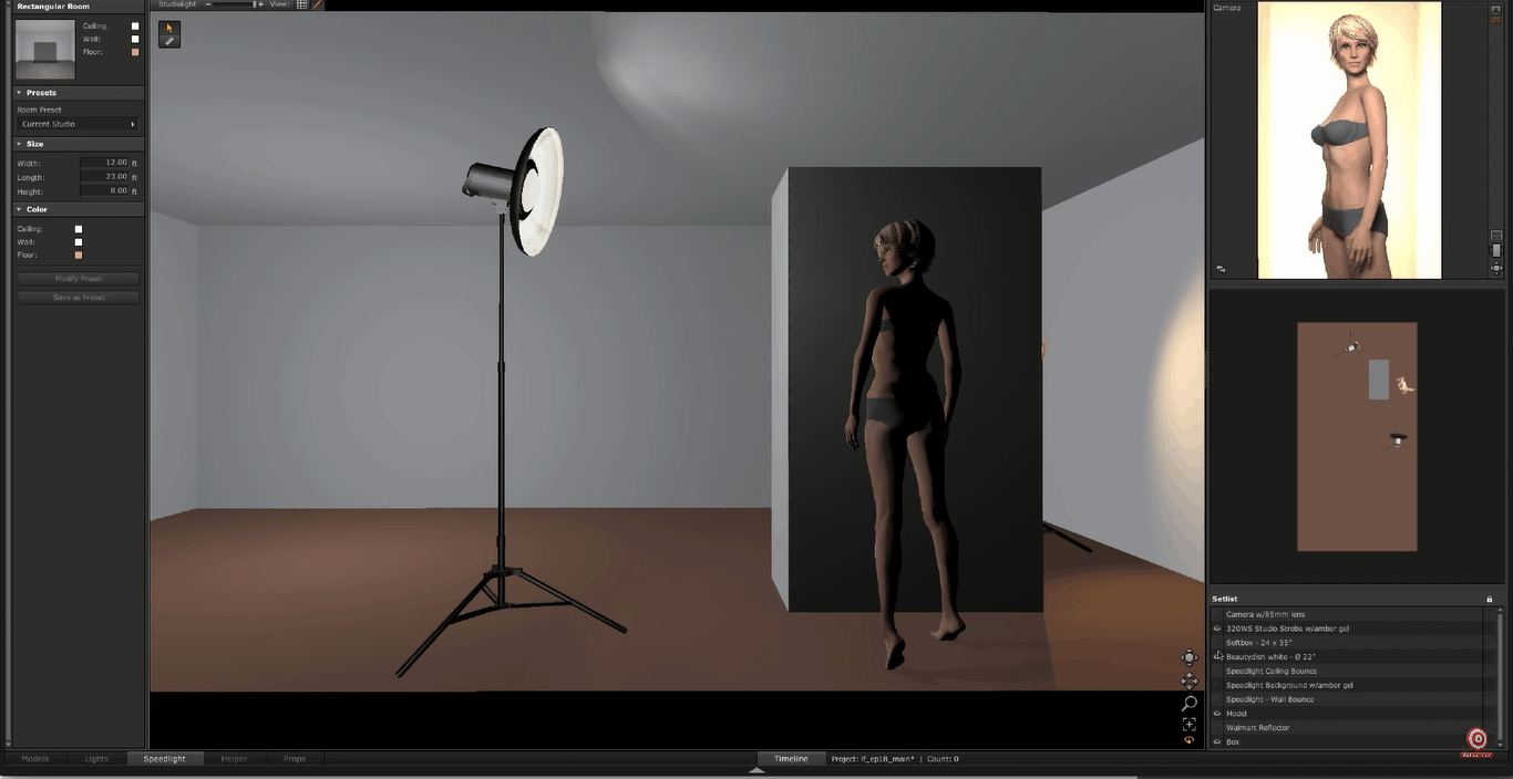 Digital rendering of glamour lighting setup with beauty dish instead of softbox