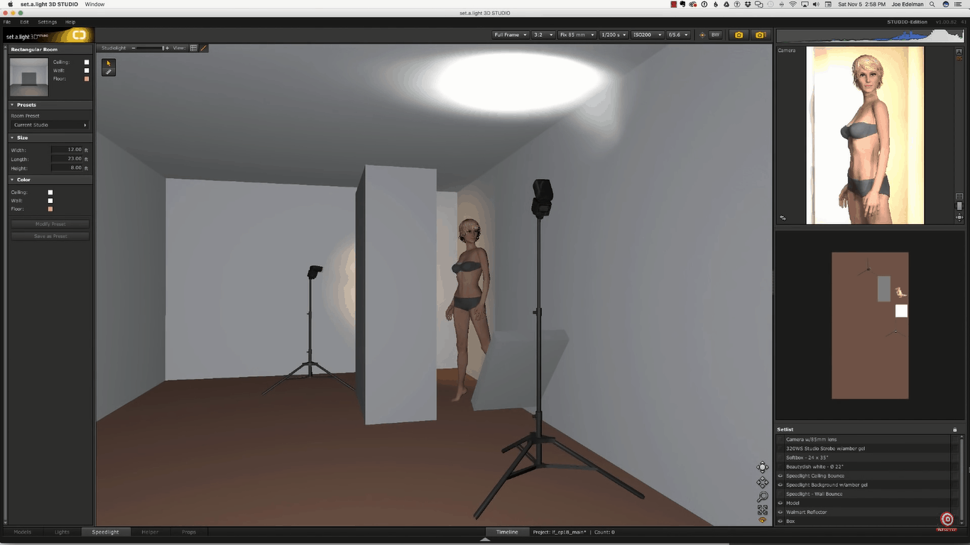 Digital rendering of glamour lgihting setup with speedlight closest to camera aimed at ceiling