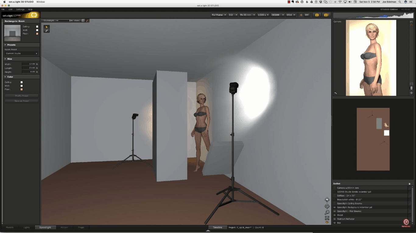 Digital rendering of glamour lighting setup with speed lights bouncing off white wall