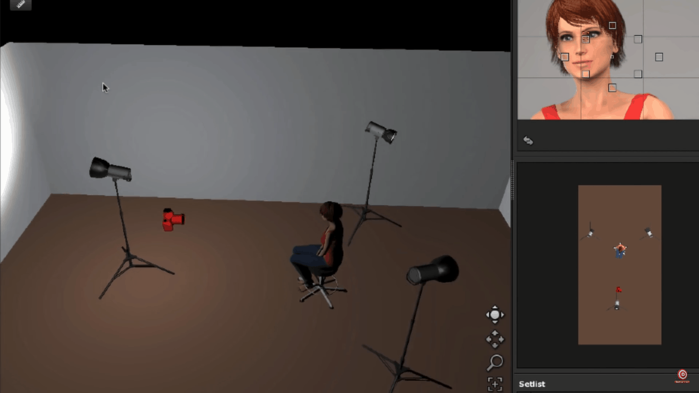Beauty Lighting setup with two lights behind model and one in front aimed at wall accross from model