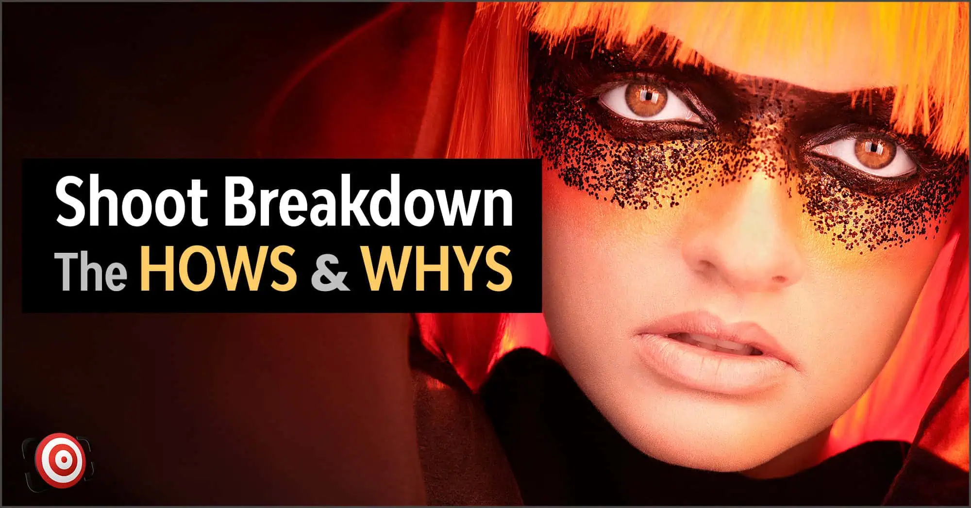 A woman with orange hair, illuminated by a carefully crafted lighting setup, proudly displaying black glitter on her face - shoot breakdown