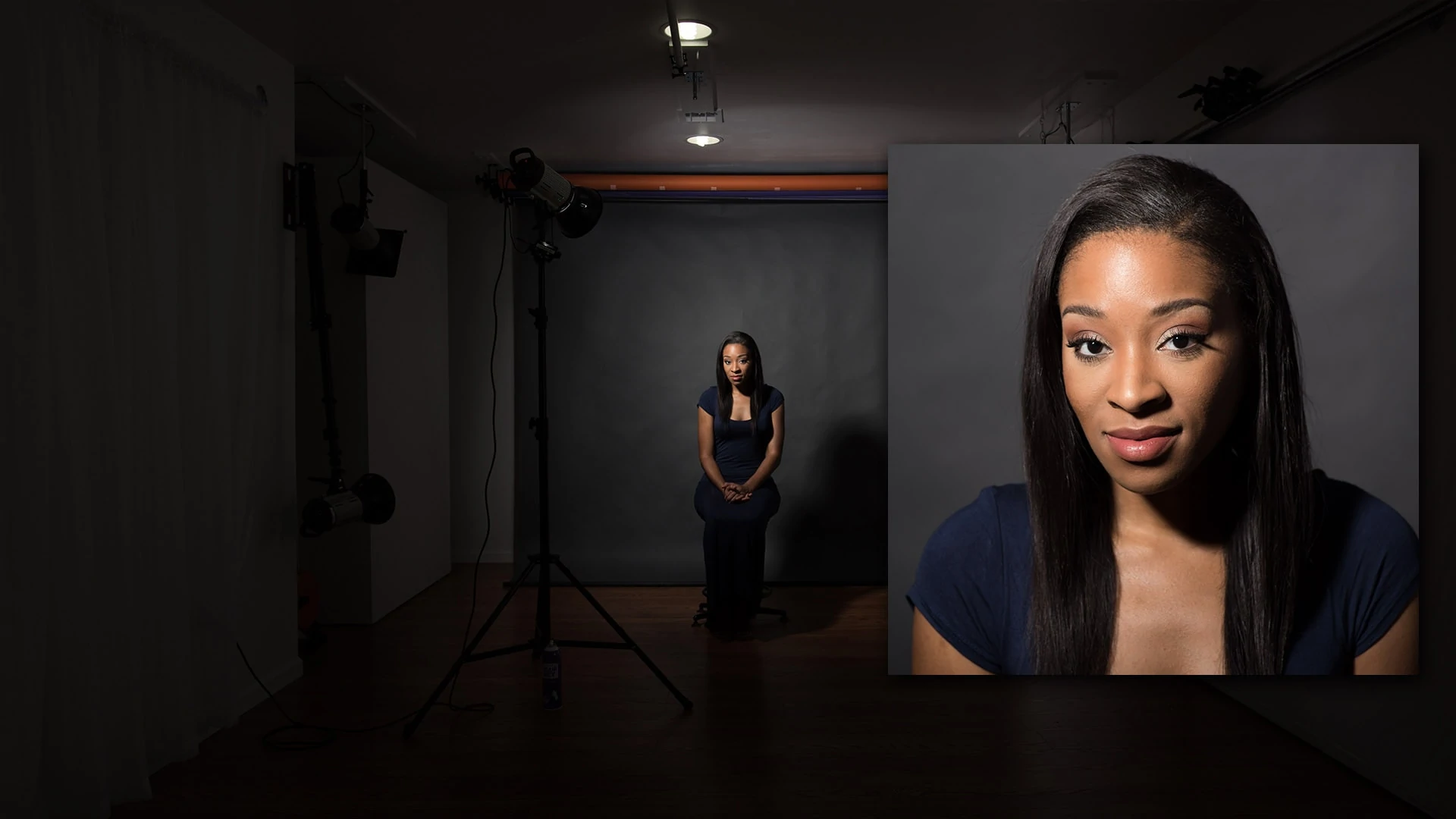Model in front of dark background with no light modifiers