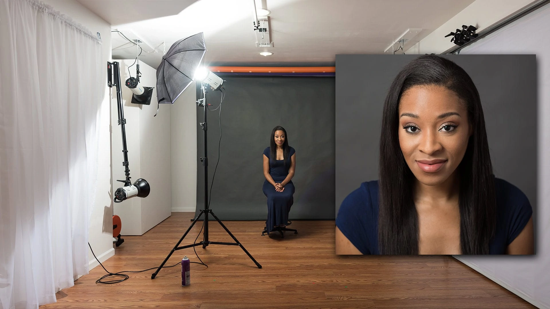 setup with 33in white umbrella with a black backing
