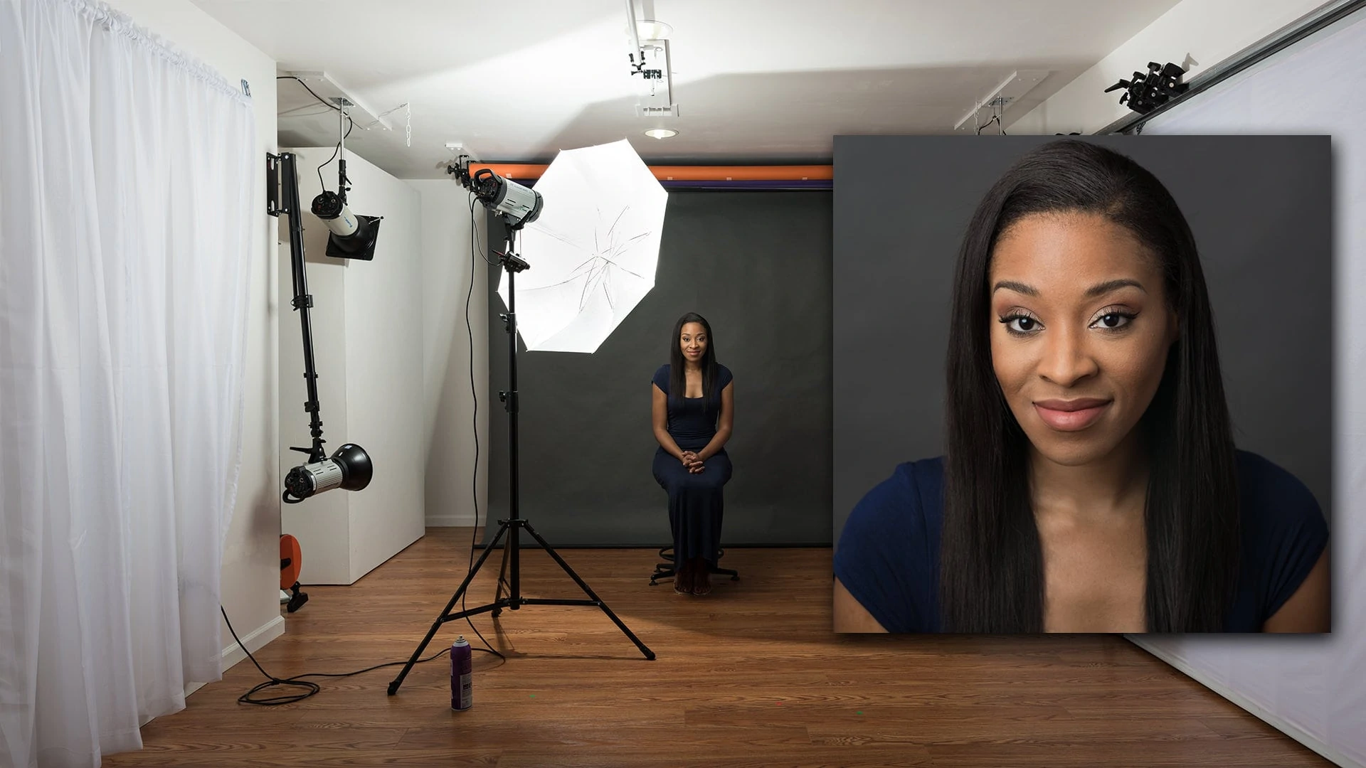 setup with 43" Optical White umbrella as shoot through light modifier