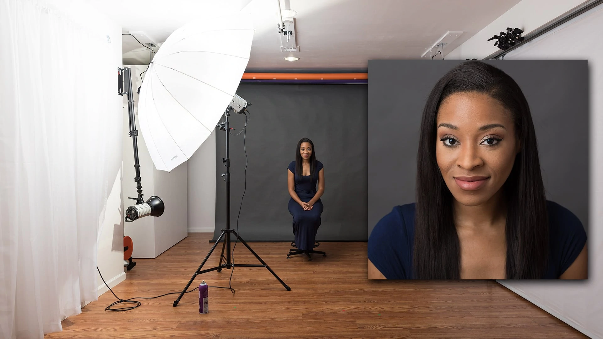 setup with Adorama Glow 60" Parabolic White Umbrella as light modifier