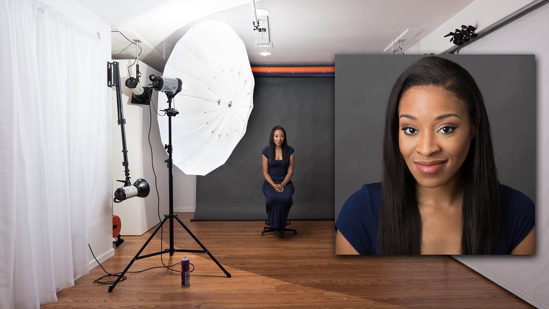 setup with Adorama Glow 60" Parabolic White Umbrella shoot-through as light modifier