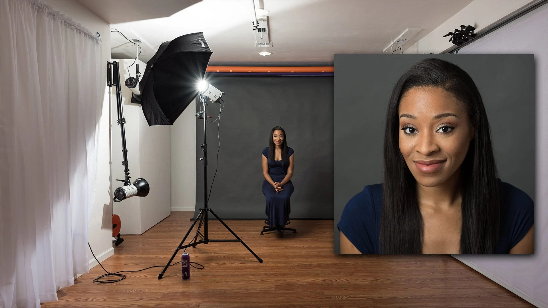 setup with 43" version of the white with black backing umbrella as light modifier