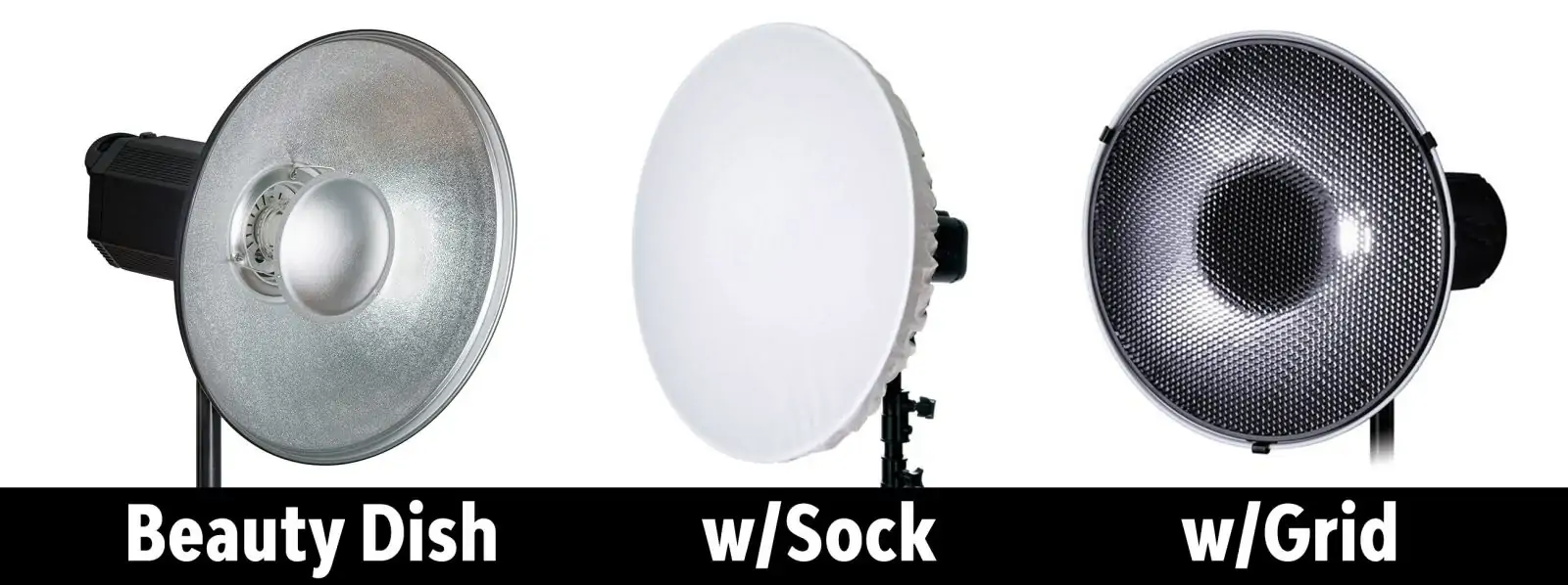 Beauty dish, beauty dish with sock, and beauty dish with grid