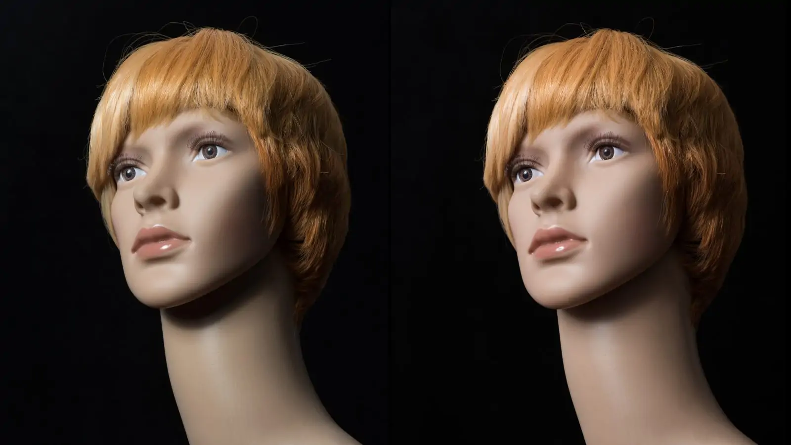 Left: photo taken with beauty dish. Right: Photo taken with umbrella, both on black backgrounds. Very little difference.