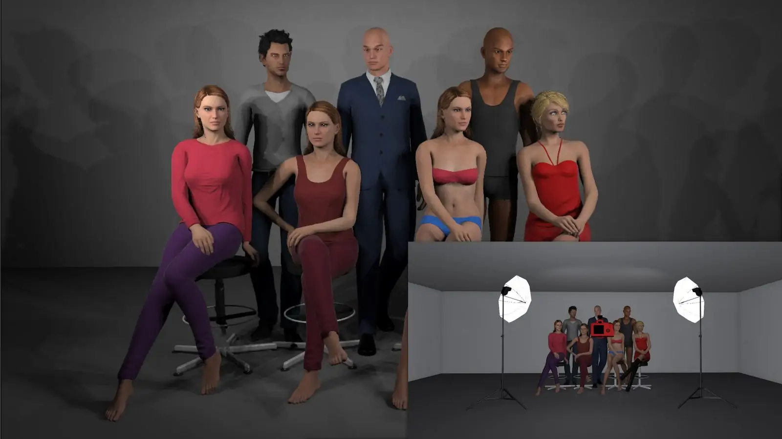 group shot with seven people, four sitting three standing, lit with two speedlights really close to group; uneven light, harsh shadows on backdrop