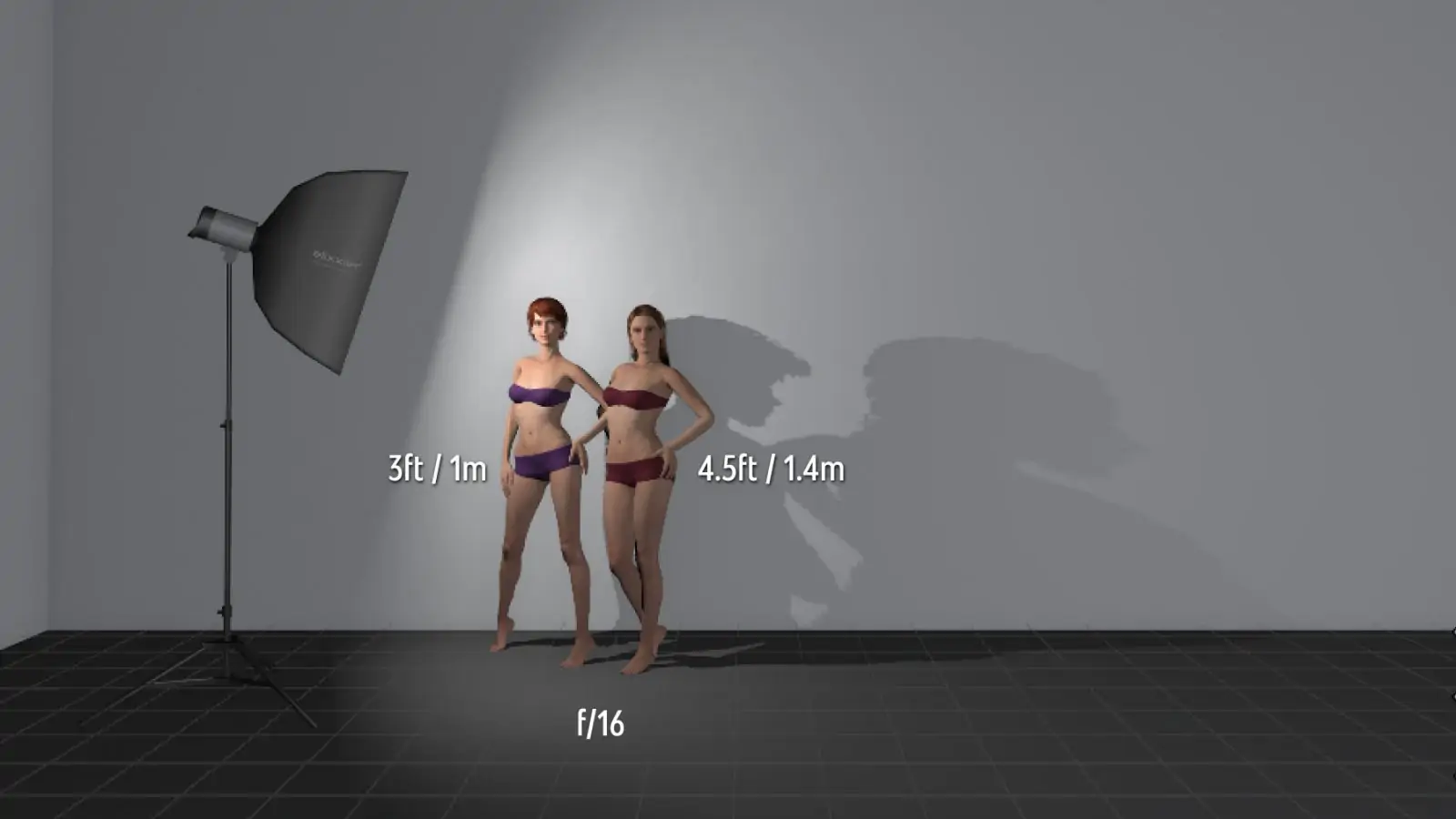 two models, one 3 feet and one 4.5 feet from light to demonstrate Inverse-square law