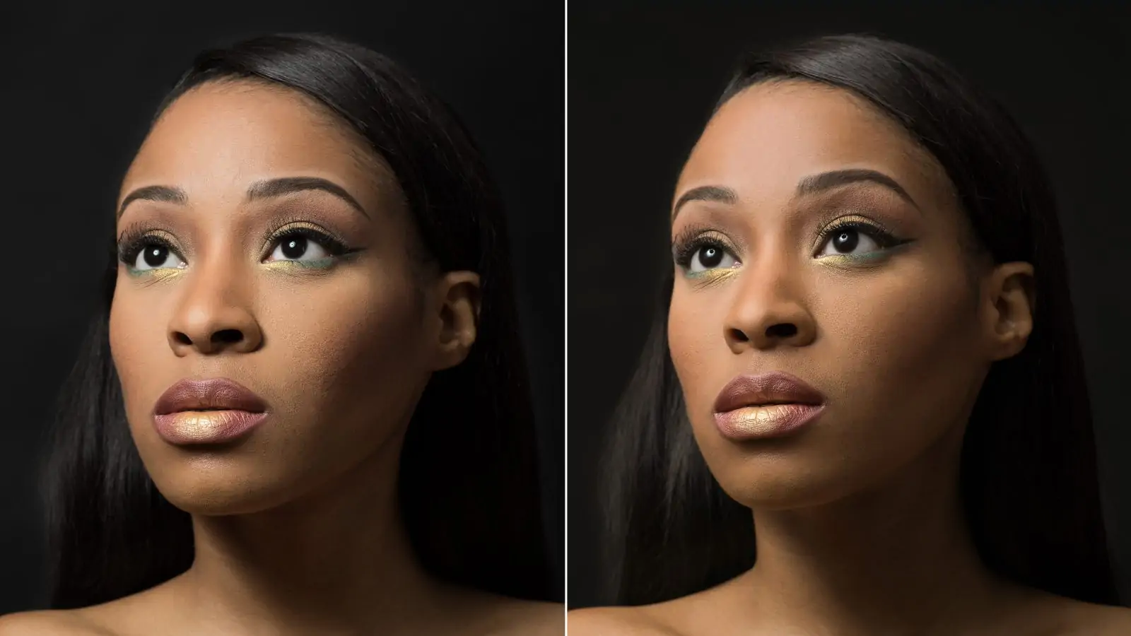 Monae in front of black background. Left: shot with beauty dish. Right: shot with umbrella. Again, very little difference