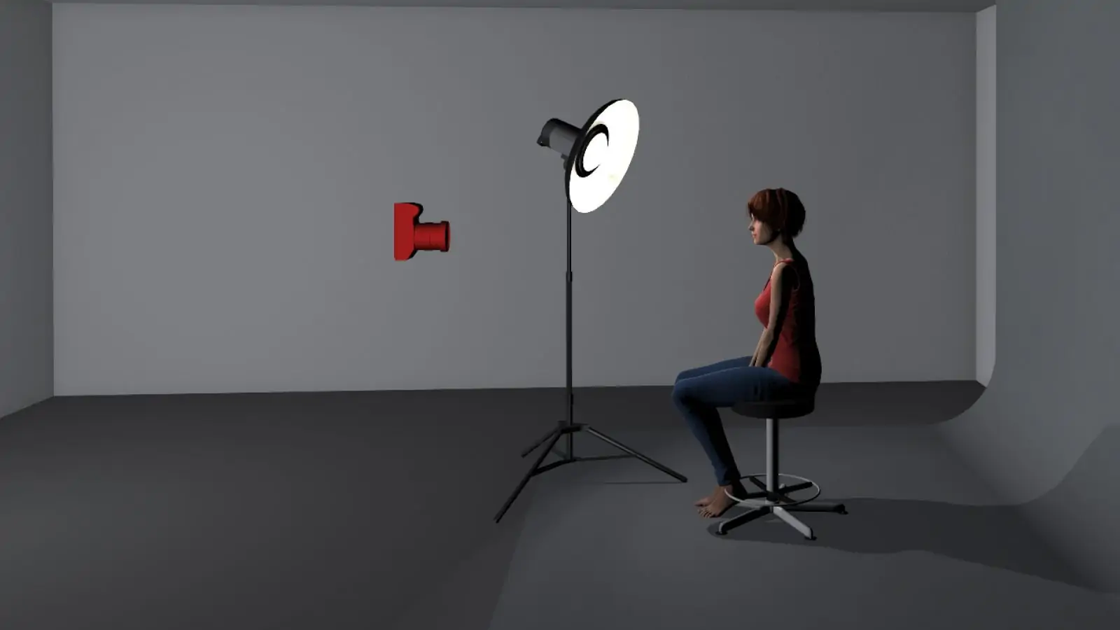 digital rendering of beauty dish placed above subject, aimed down