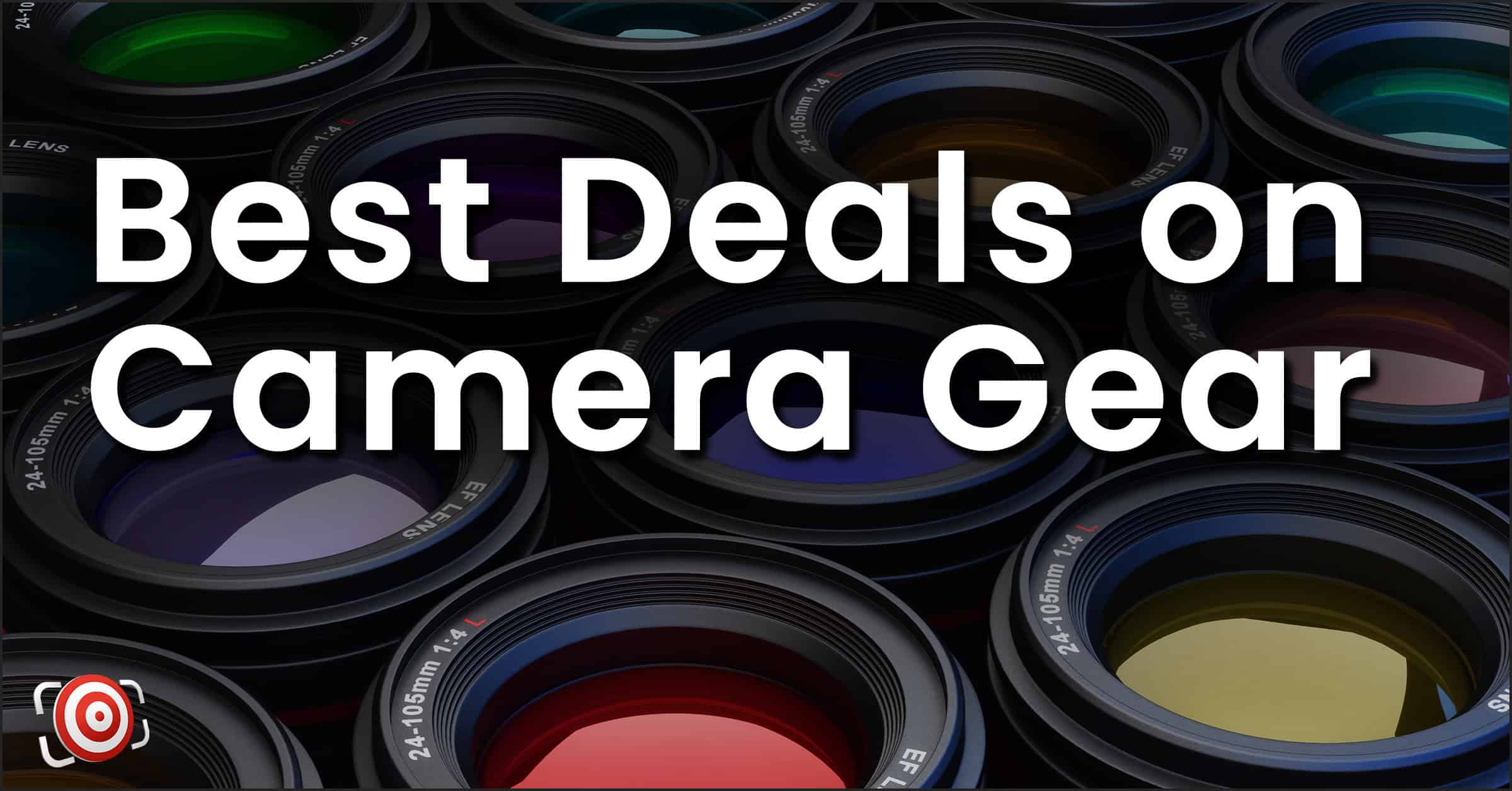 Close-up of various camera lenses with the text "Best Deals on Camera Gear" displayed over them. It's the perfect time to buy camera gear and capture stunning moments.