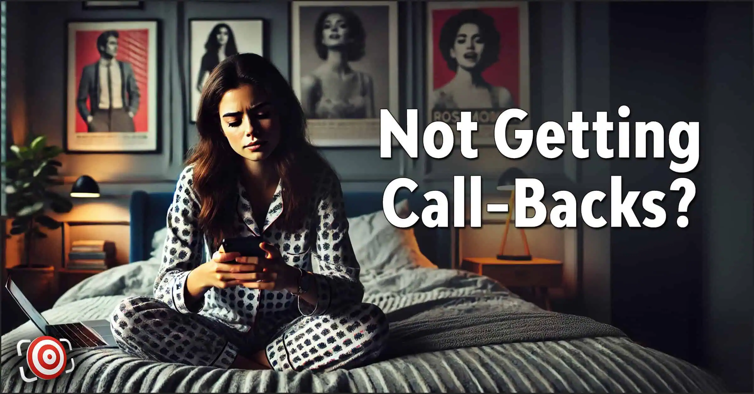 A person in cozy pajamas sits on a bed, clutching a smartphone. The text reads "Why Aren't Call-Backs Coming?" Posters adorn the wall in the background.
