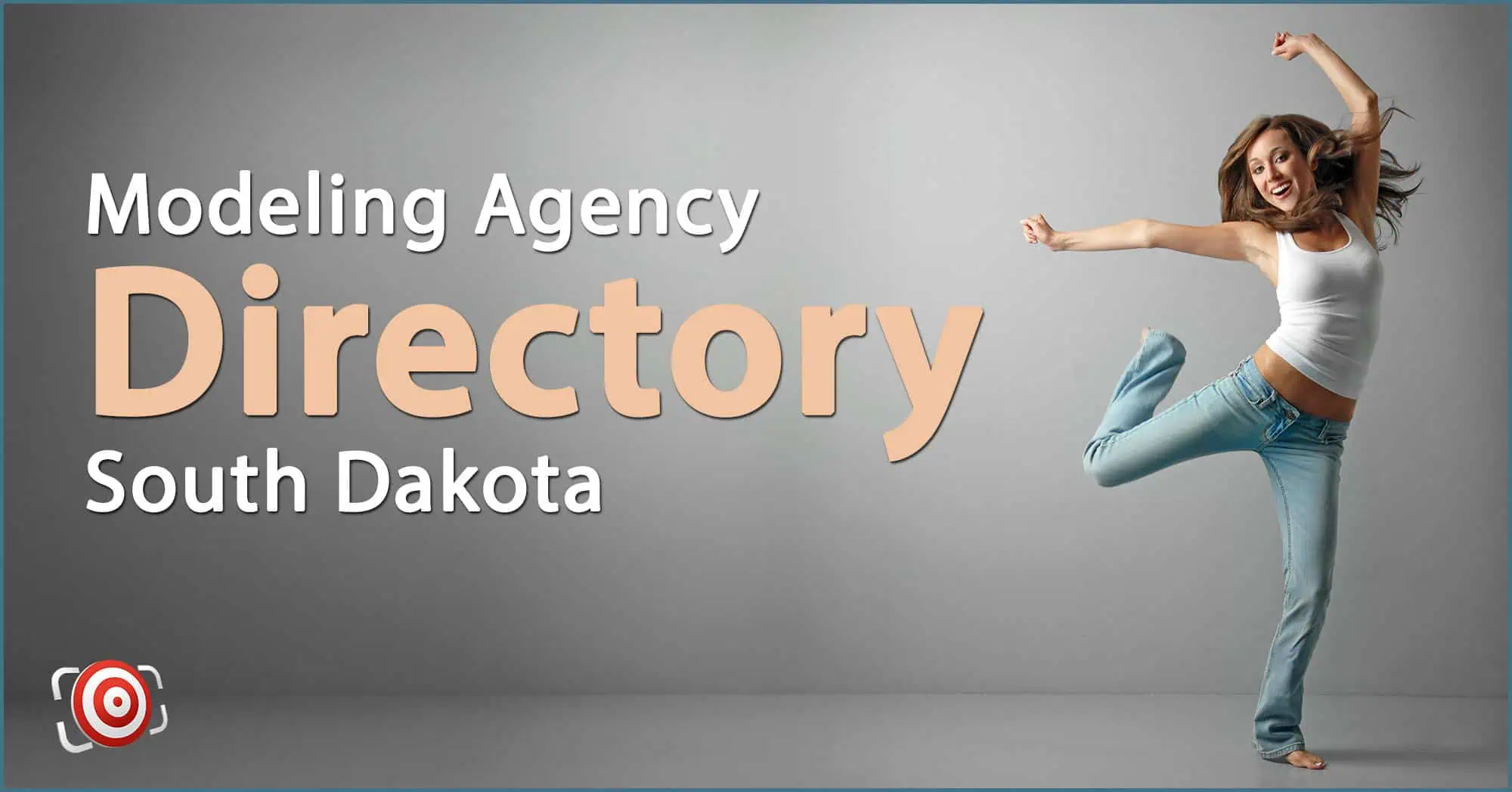 A woman in a white tank top and jeans jumps joyfully. Text reads "Modeling Agency Directory South Dakota, featuring insights on Modeling Agencies in Rhode Island.
