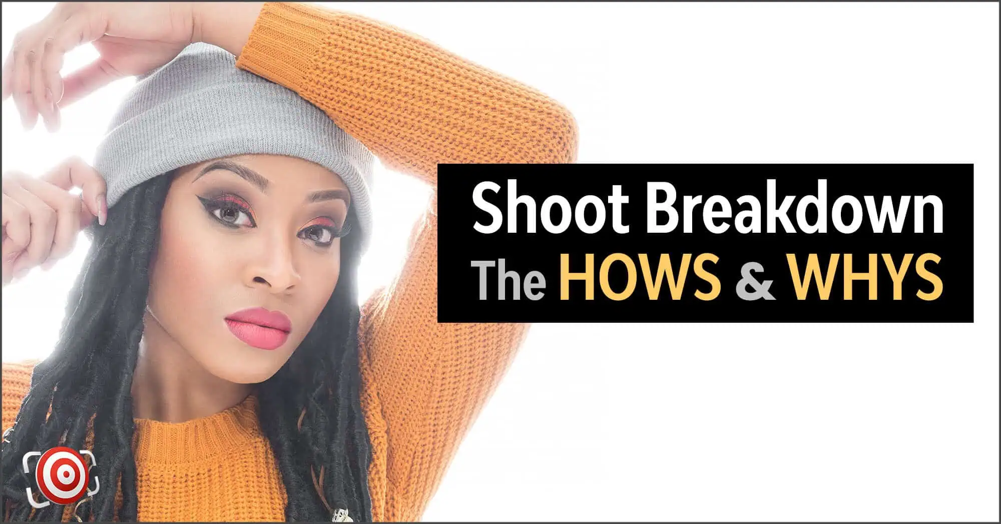 A woman is posing for a photo with the words shoot breakdown - shoot breakdown