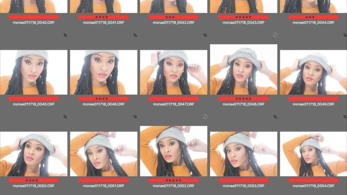 Contact sheet displaying multiple similar portraits of a woman in a gray beanie and orange sweater, captured with different facial expressions and poses, expertly lit using MagMod accessories.