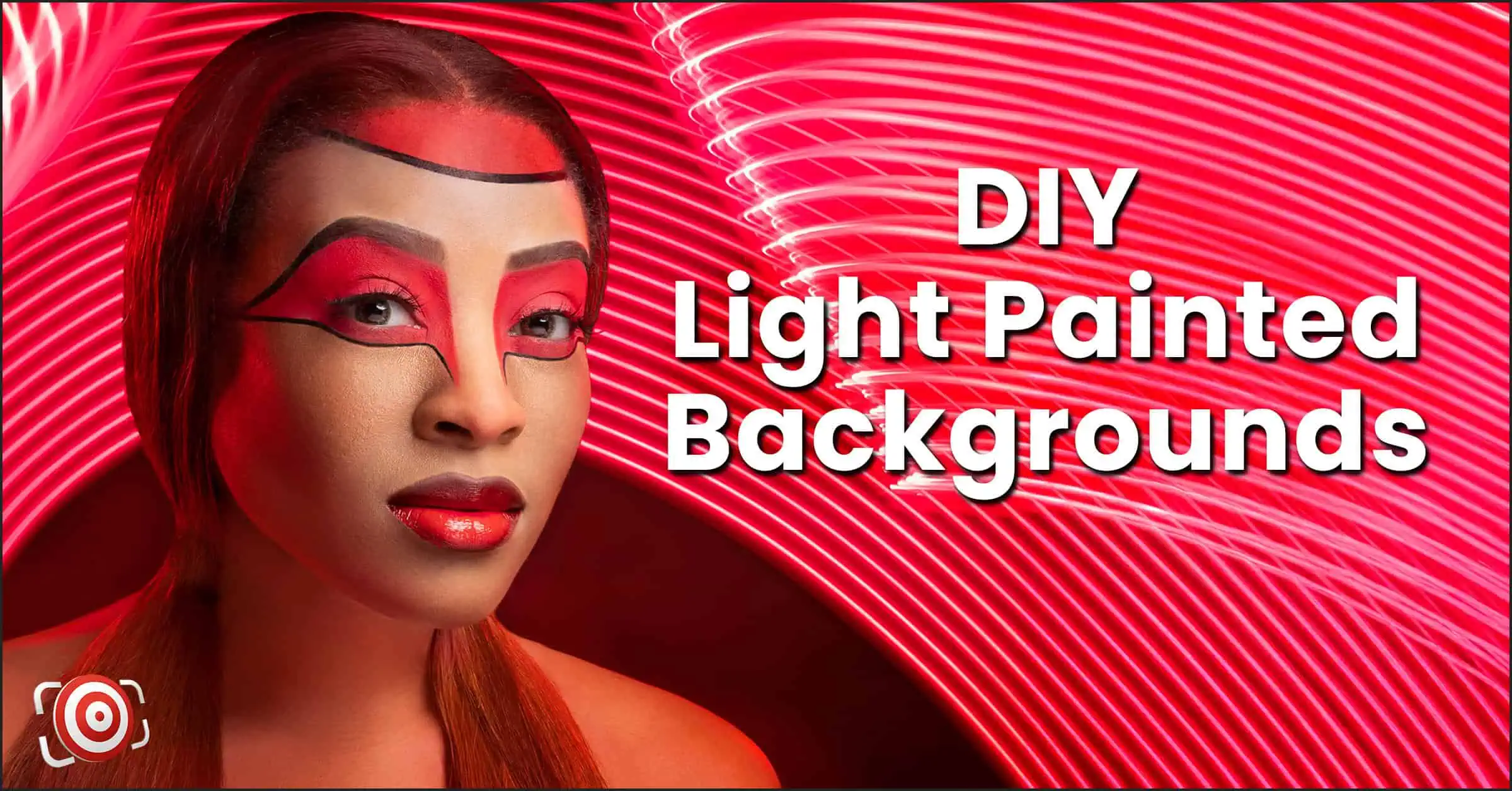 A person with artistic face paint stands before a mesmerizing red light painted background, crafted using live composite techniques. Text reads, "DIY Light Painted Backgrounds.