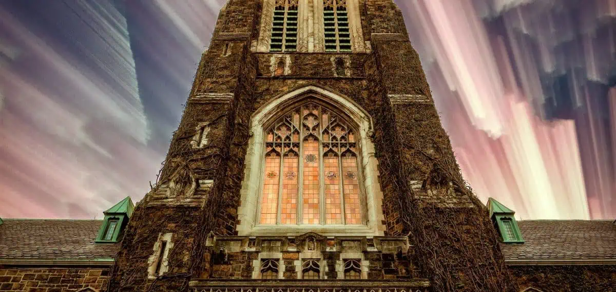 Tall stone building with a large arched window, gracefully covered in vines under a sky painted with blurred, streaked clouds, reminiscent of a live composite photograph.