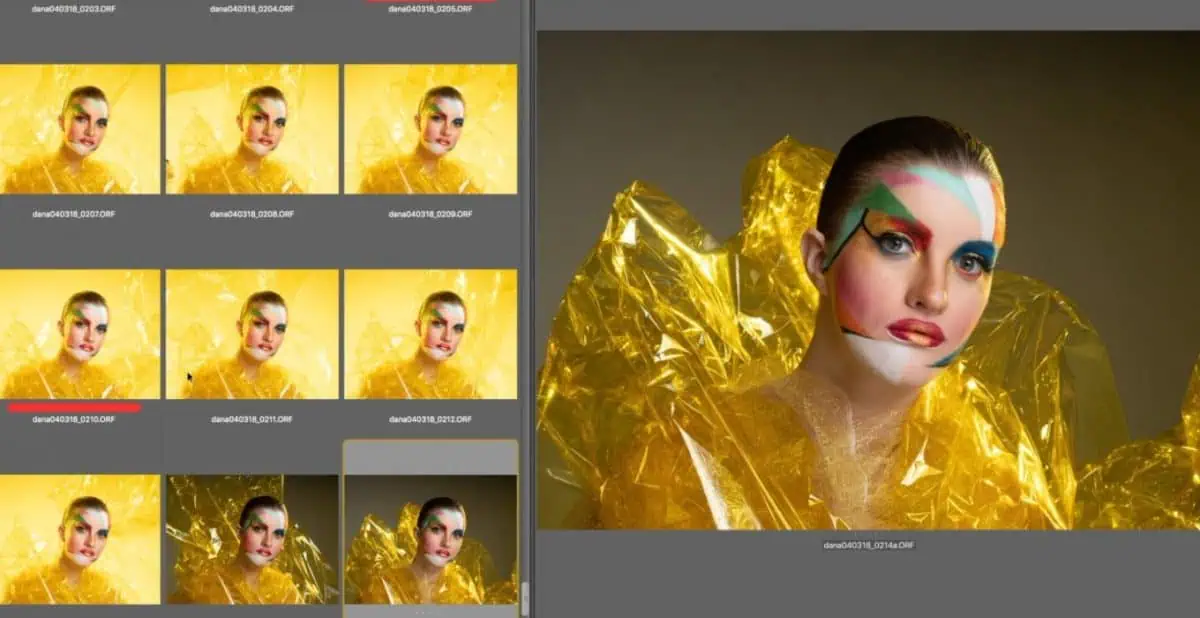 A person with colorful makeup and vivid eye shadow poses playfully in yellow translucent cellophane. A series of thumbnails showcases this fashion portrait on the left.