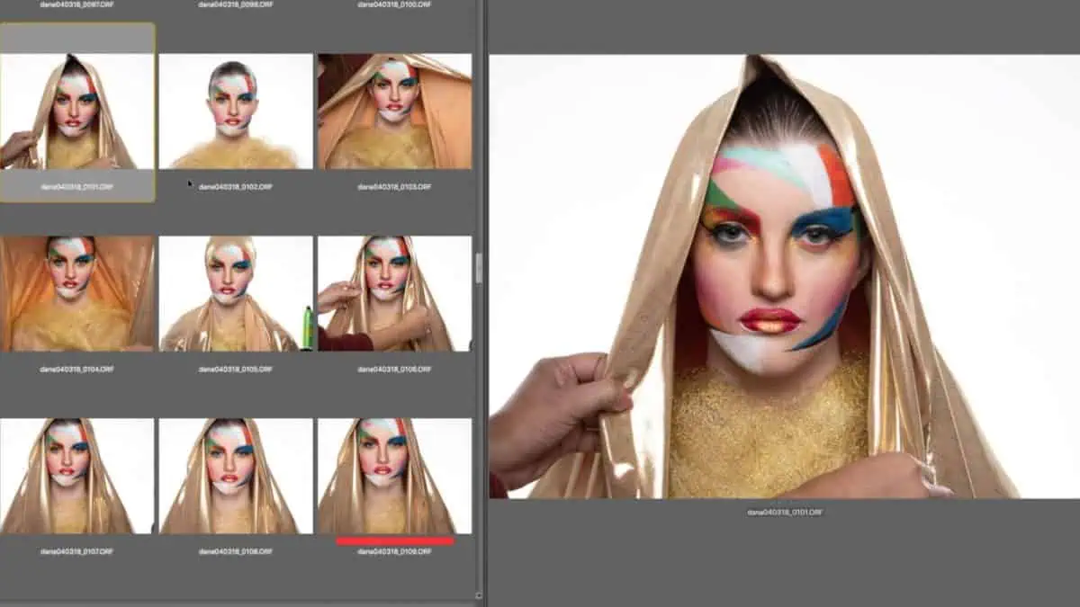 A person with colorful makeup poses elegantly in a gold fabric, exuding the allure of fashion portraits with cellophane. The image on the right is enlarged, while the left displays thumbnails of similar shots.