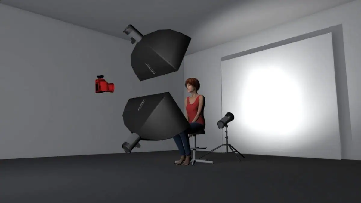 In a photography studio, a woman poses for fashion portraits with cellophane shimmering under two large softbox lights. A red camera stands ready on its tripod in front of the white backdrop.
