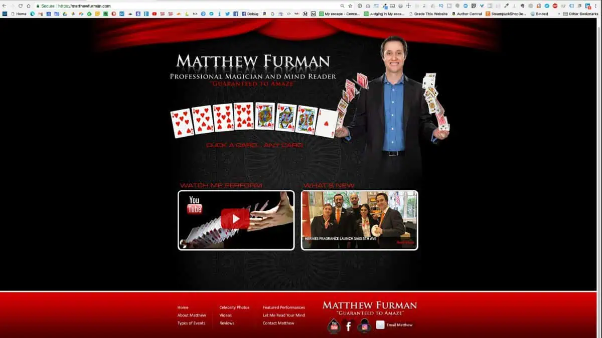 Website homepage featuring Matthew Furman, a magician holding cards, with sections for videos, news, and contact information. Header reads "Matthew Furman, Professional Magician and Mind Reader.