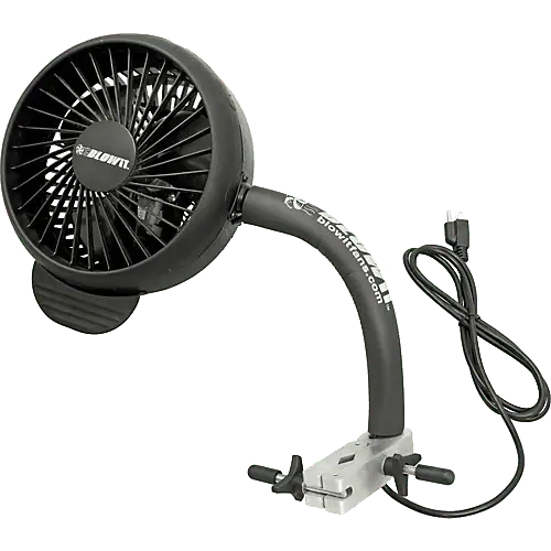 Clip-on oscillating fan with a black design, adjustable neck, and power cord, mounted on a sturdy clamp base. Perfect for creating dynamic blowing hair photography effects.