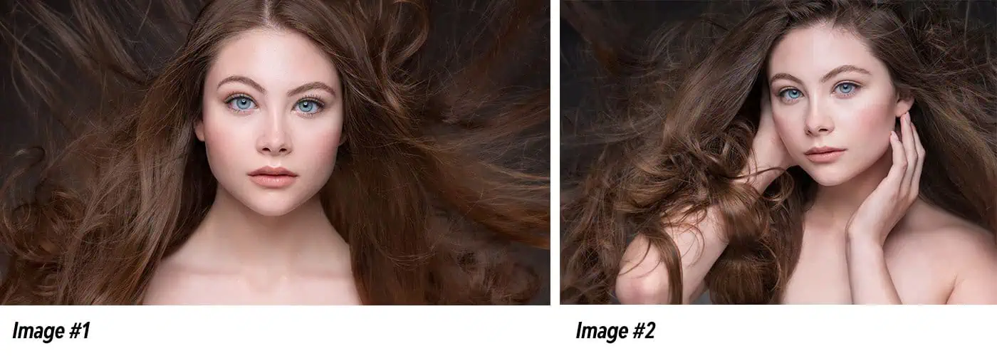 Two side-by-side portraits capture the essence of success as a photographer, featuring a person with long, flowing brown hair and blue eyes. The subject gazes directly at the camera, their hair gracefully draping over their shoulders.