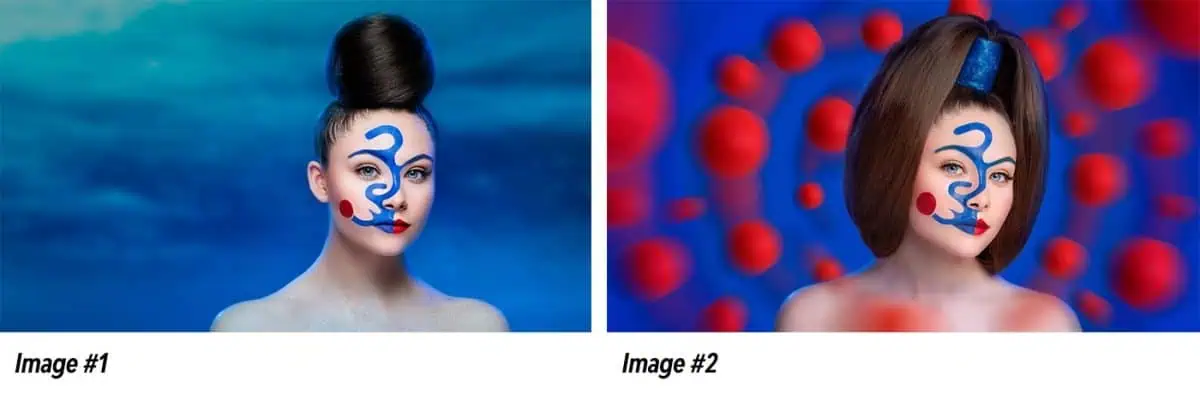 Two women with artistic makeup and unique hairstyles pose against abstract blue backgrounds; one flaunts a high bun, the other straight hair. Capturing their essence is a testament to one's success as a photographer.