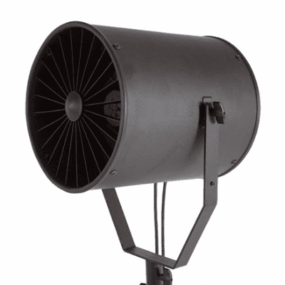 A black, cylindrical stage spotlight on an adjustable stand, perfect for blowing hair photography, is positioned to the side against a pristine white background.
