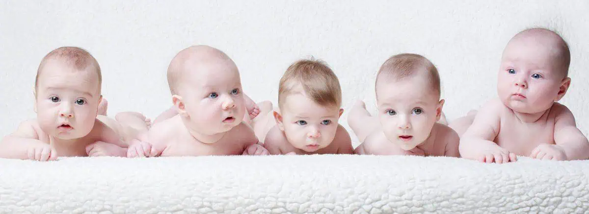 Five adorable babies, perfect for baby modeling, lie on their stomachs on a soft, white blanket, gazing curiously ahead.