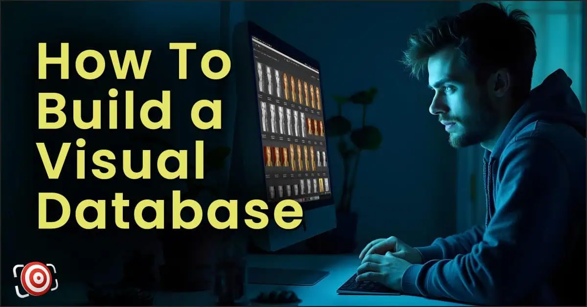 Photographer sitting at a computer reviewing images with the text "How to build a visual database."