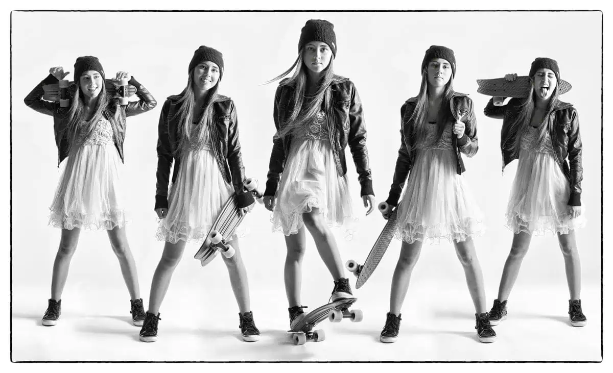 A girl in a dress and leather jacket confidently poses with a skateboard, embodying the mantra "Stop Making Excuses" in various stances. Black and white photo.